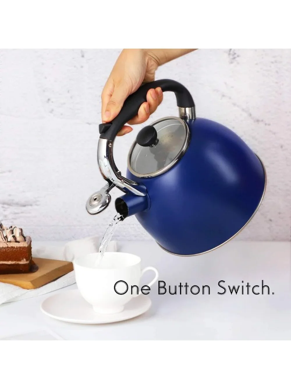Blue Stainless Steel Kitchen Whistling Stove Top Tea Kettle 2.5 Quart Glass Lid
